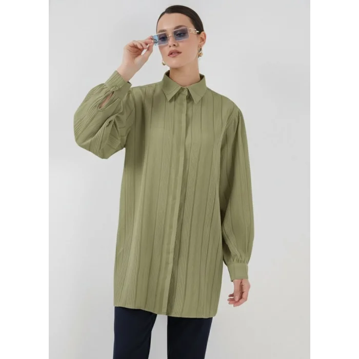 Çizgili Uzun Gömlek Tunik 5947 - Çağla