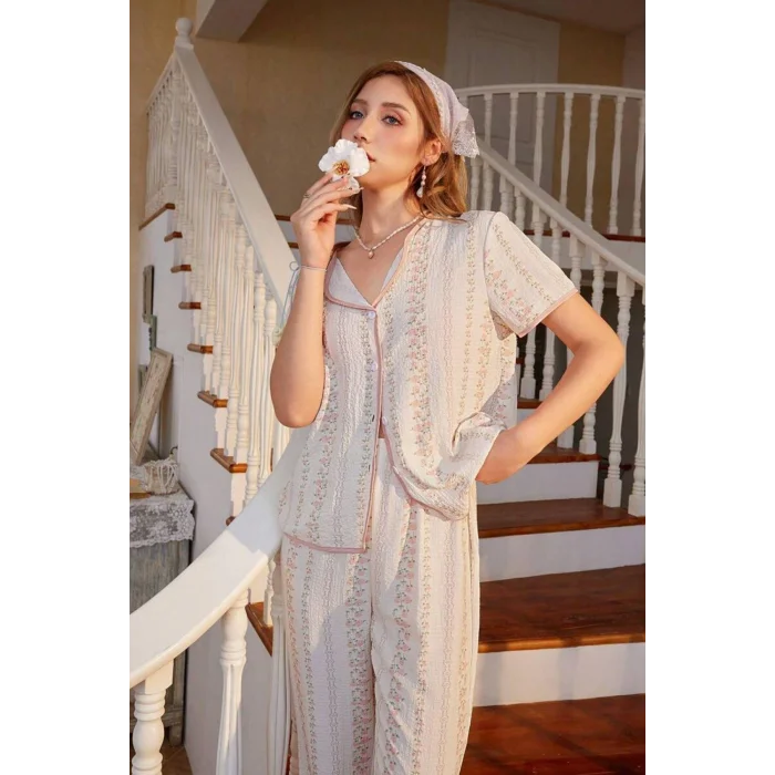 Çok Renkli Fransız Esintili Zarif Pijama Takımı 7325