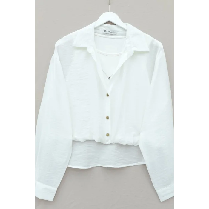 Crop Badyli  Kolyeli Arkası Uzun Gömlek -Ekru