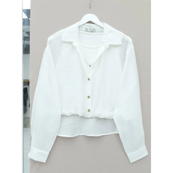 Crop Badyli  Kolyeli Arkası Uzun Gömlek -Ekru