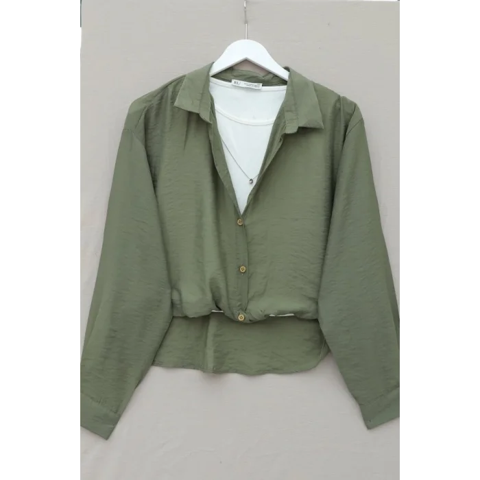 Crop Badyli  Kolyeli Arkası Uzun Gömlek -Haki