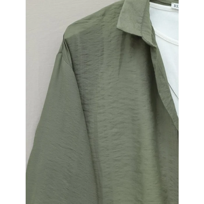 Crop Badyli  Kolyeli Arkası Uzun Gömlek -Haki