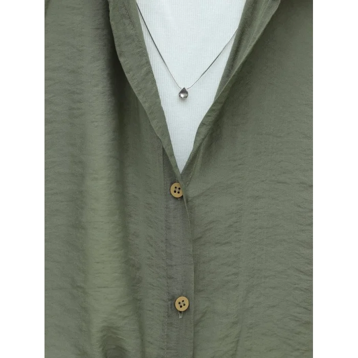 Crop Badyli  Kolyeli Arkası Uzun Gömlek -Haki