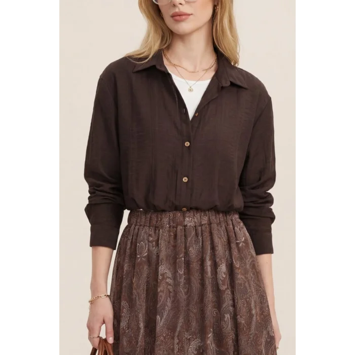 Crop Badyli  Kolyeli Arkası Uzun Gömlek -K. Kahve