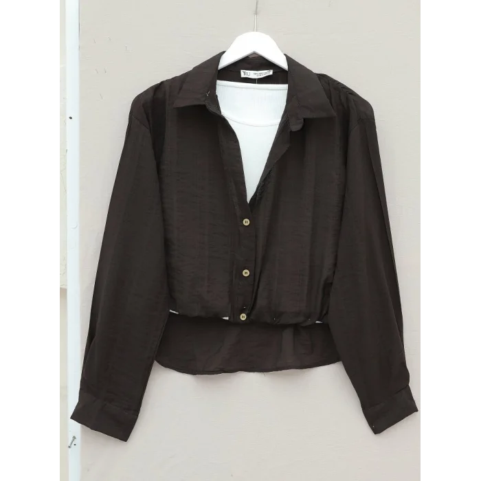 Crop Badyli  Kolyeli Arkası Uzun Gömlek -K. Kahve