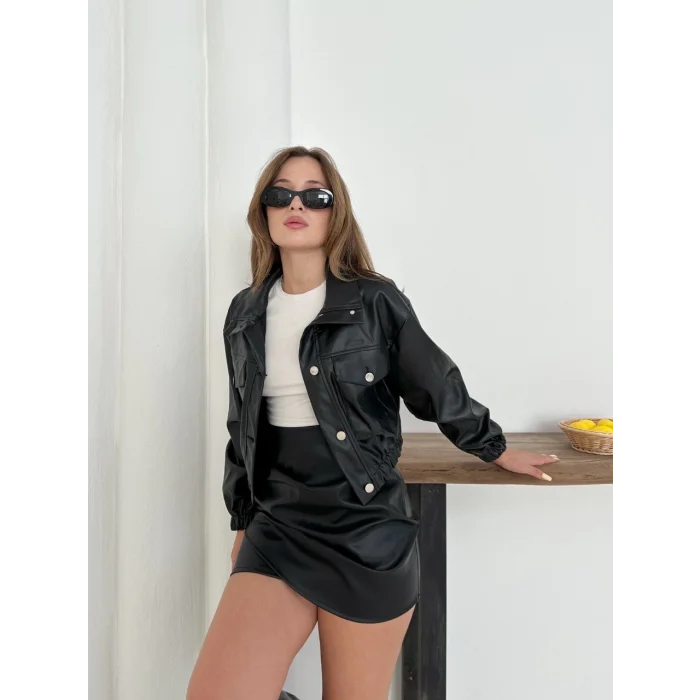 Crop bomber deri ceket siyah st2551985