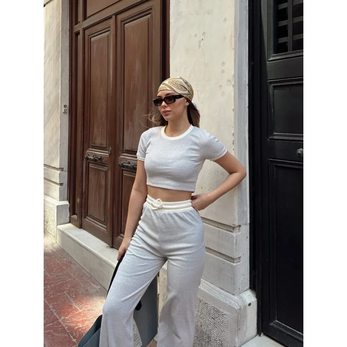 Crop pantolon biyeli takım gri