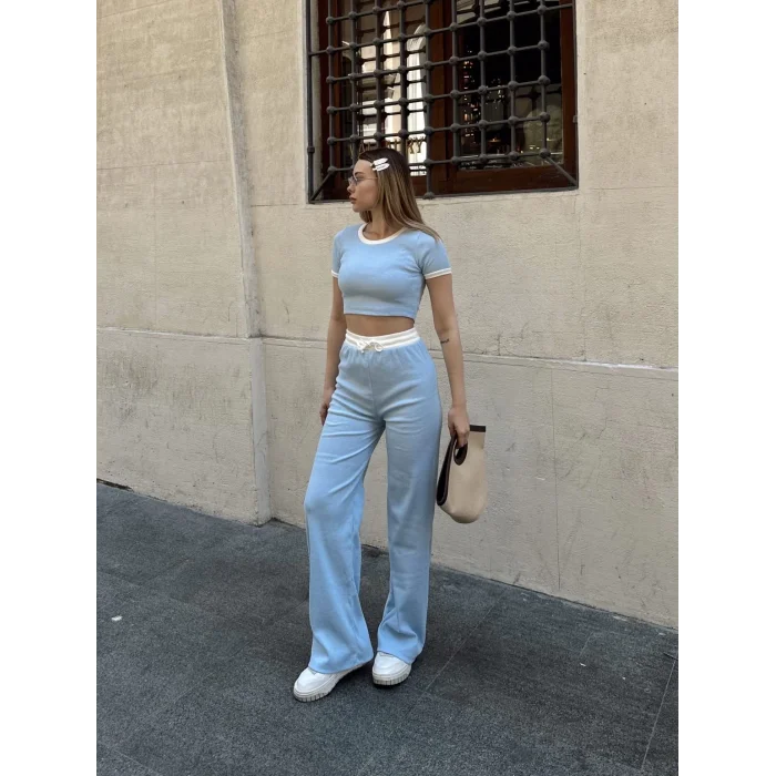Crop pantolon biyeli takım mavi