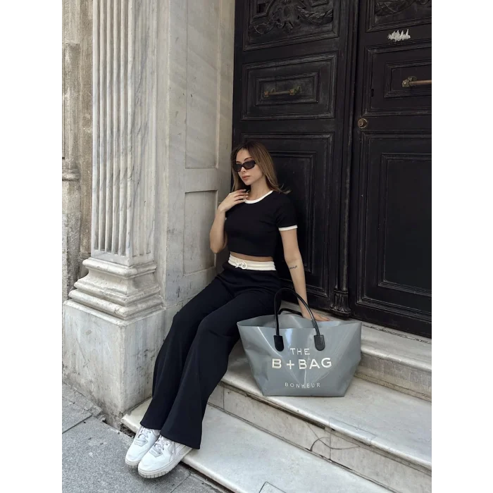 Crop pantolon biyeli takım siyah