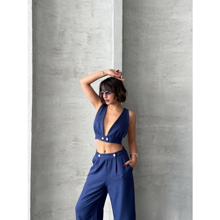 Crop pantolon keten takım s255012