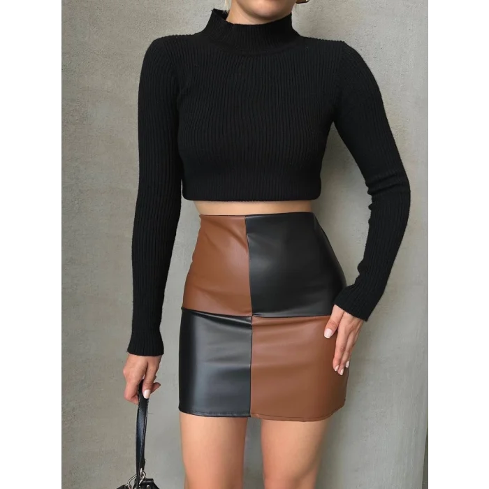 Damalı deri etek siyah kahve w24648