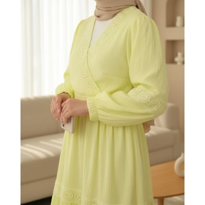 Dantel Detaylı Bağlamalı Kolu Lastikli Kraş Etekli Takım  -Açık Sarı