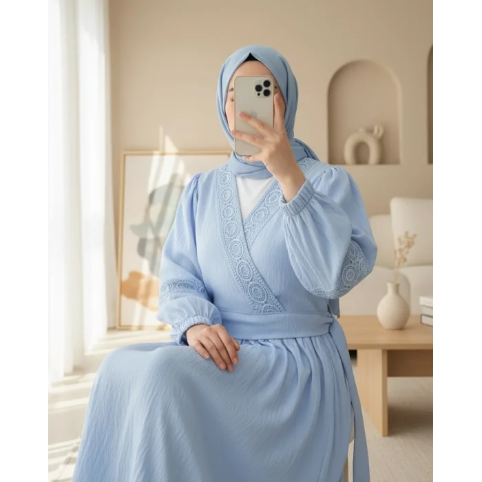 Dantel Detaylı Bağlamalı Kolu Lastikli Kraş Etekli Takım  -Bebe Mavi