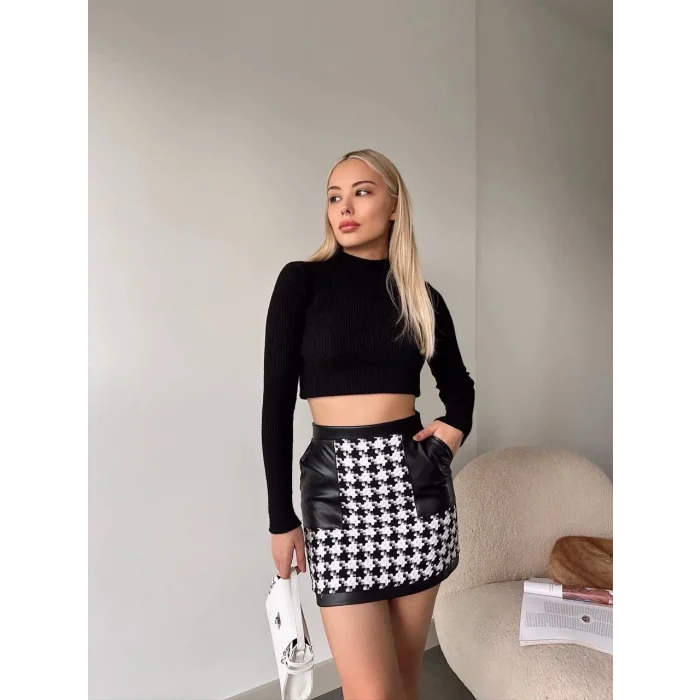 Deri garnili kaz ayağı kaşe etek siyah h24604