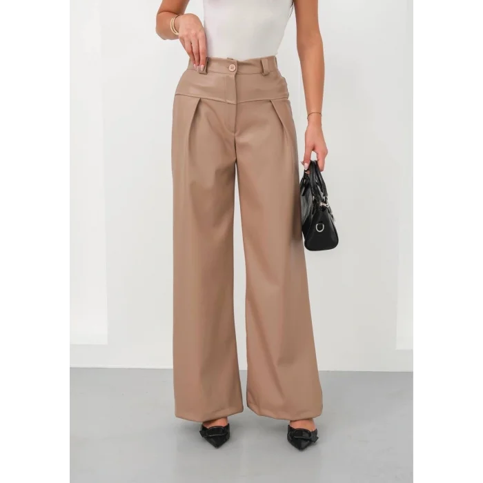 Deri geniş paça beli lastikli pantolon bej h263644
