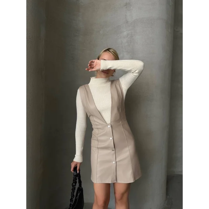 Deri jile elbise bej w24796