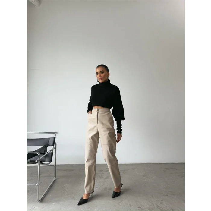 DERİ PANTOLON DİZ PARÇALI - Taş