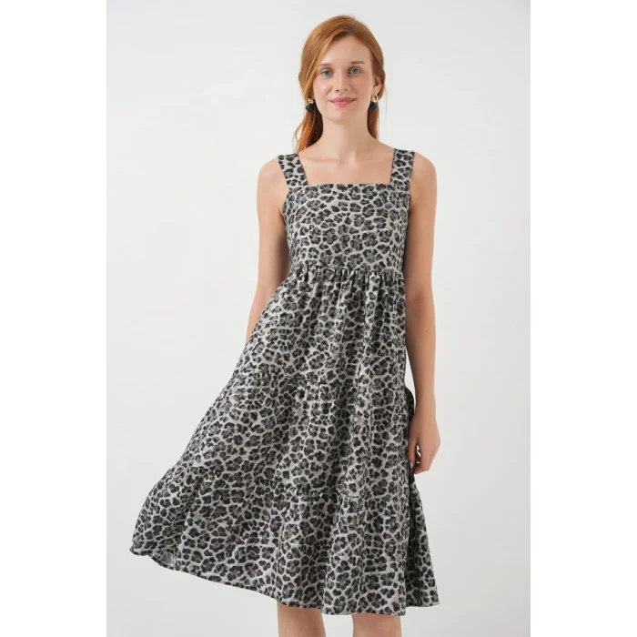 Desenli Askılı Midi Elbise 2577 - Antrasit