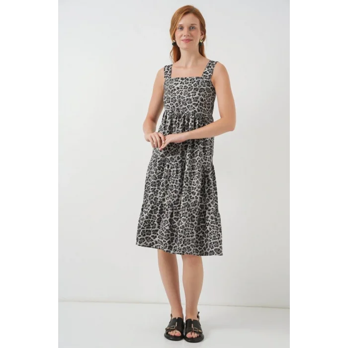 Desenli Askılı Midi Elbise 2577 - Antrasit