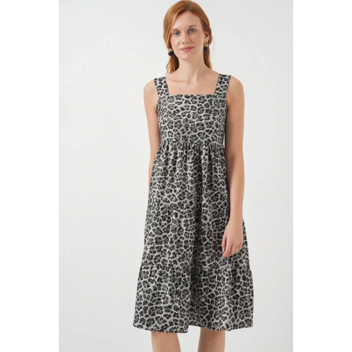 Desenli Askılı Midi Elbise 2577 - Antrasit