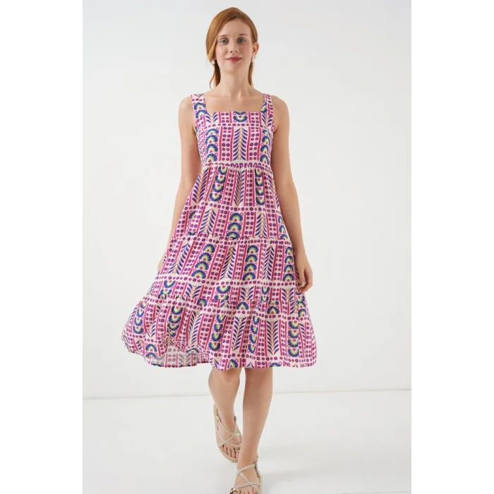 Desenli Askılı Midi Elbise 2577 - Fuşya