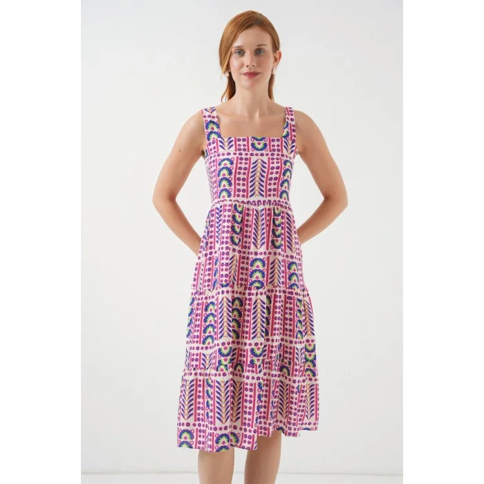 Desenli Askılı Midi Elbise 2577 - Fuşya