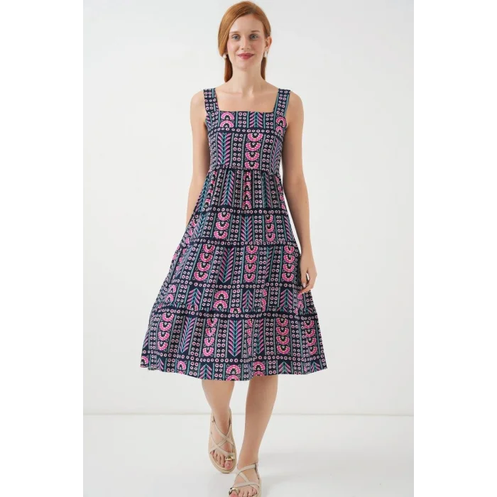 Desenli Askılı Midi Elbise 2577 - Lacivert