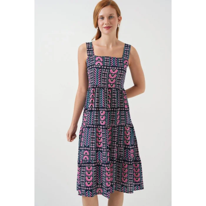 Desenli Askılı Midi Elbise 2577 - Lacivert