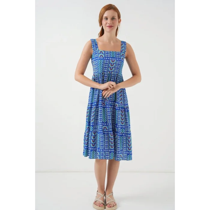 Desenli Askılı Midi Elbise 2577 - Saks