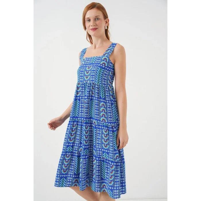 Desenli Askılı Midi Elbise 2577 - Saks