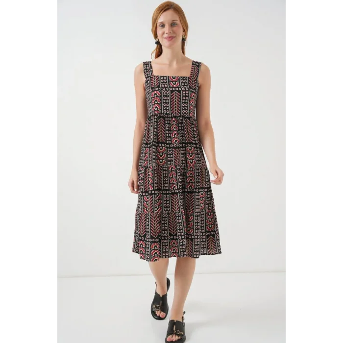 Desenli Askılı Midi Elbise 2577 - Siyah