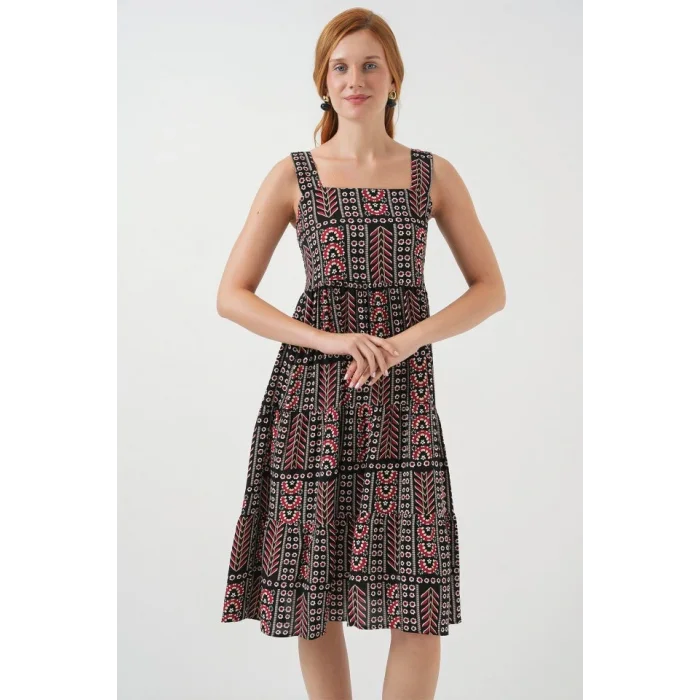 Desenli Askılı Midi Elbise 2577 - Siyah