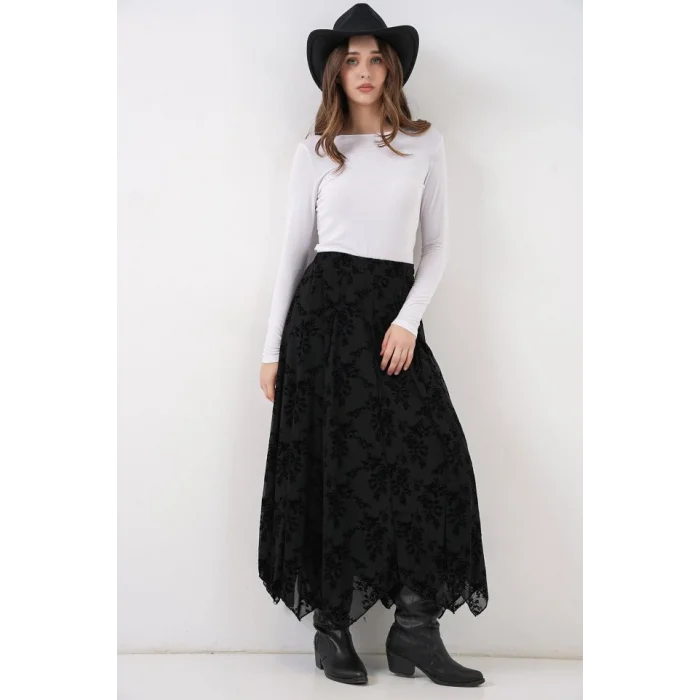 Desenli Astarlı Etek 8059 - Siyah