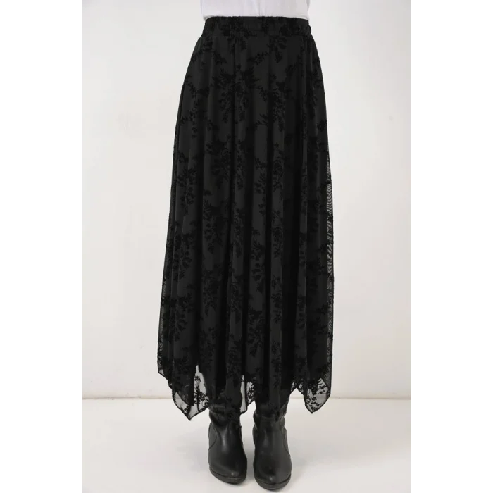 Desenli Astarlı Etek 8059 - Siyah