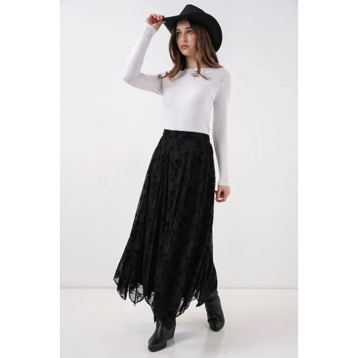 Desenli Astarlı Etek 8059 - Siyah