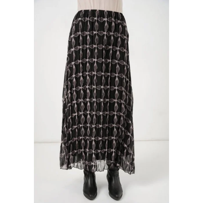 Desenli Astarlı Şifon Etek 8058 - Siyah