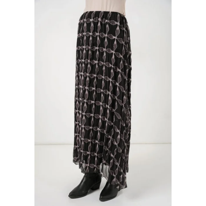 Desenli Astarlı Şifon Etek 8058 - Siyah