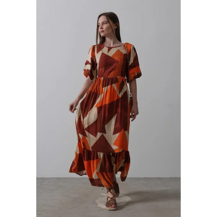 Desenli Balon Kol Kloş Elbise - Kahve