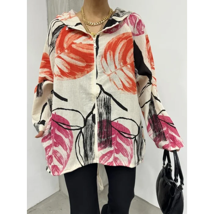 Desenli Fermuarlı Sabit Kapşonlu Keten Ceket -Turuncu