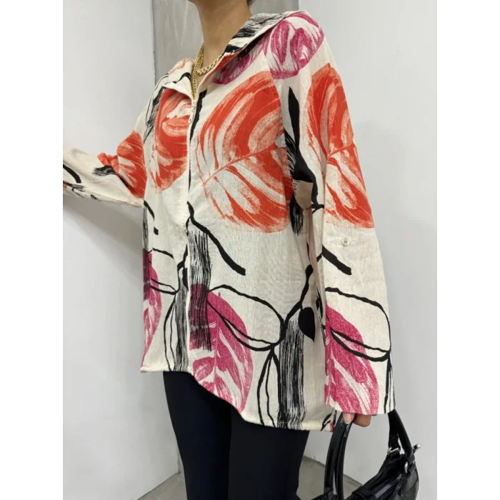 Desenli Fermuarlı Sabit Kapşonlu Keten Ceket -Turuncu