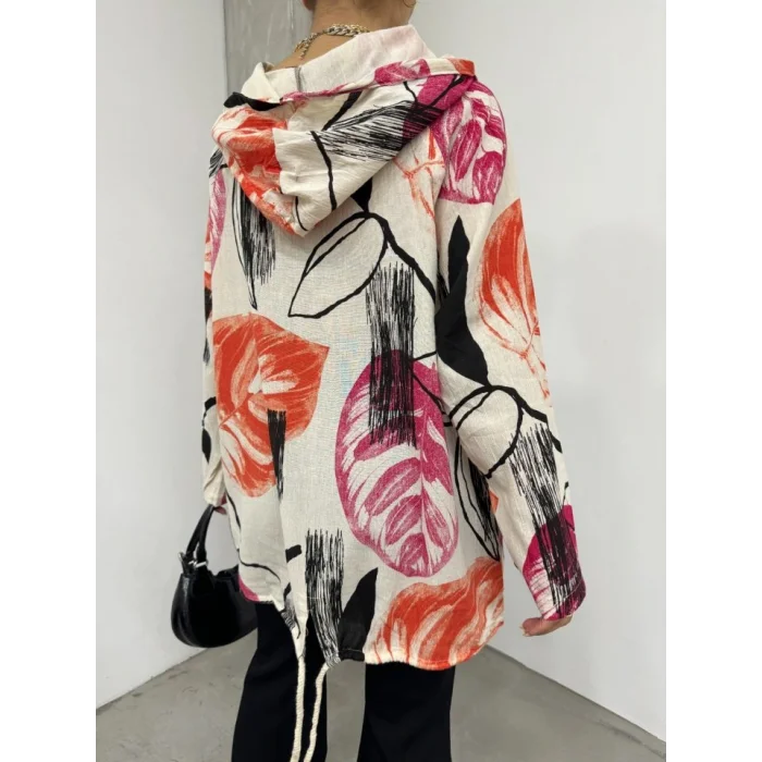 Desenli Fermuarlı Sabit Kapşonlu Keten Ceket -Turuncu