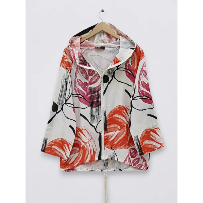 Desenli Fermuarlı Sabit Kapşonlu Keten Ceket -Turuncu