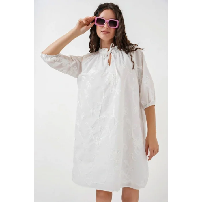 Desenli Kısa Elbise 2528 - Beyaz