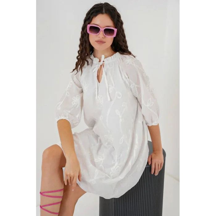 Desenli Kısa Elbise 2528 - Beyaz