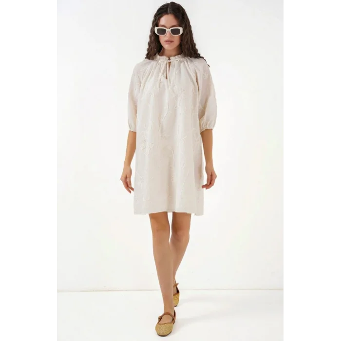 Desenli Kısa Elbise 2528 - Krem