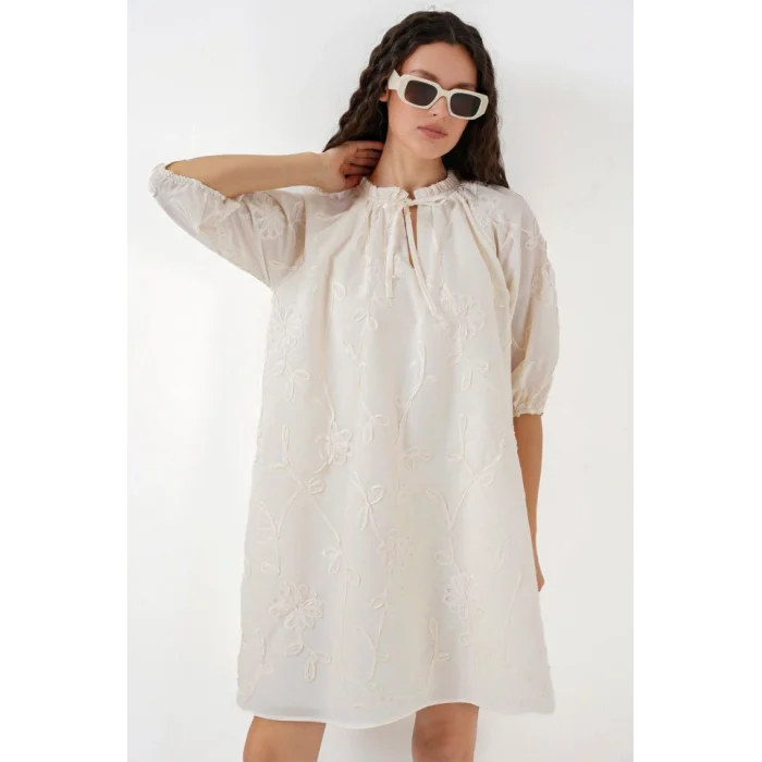 Desenli Kısa Elbise 2528 - Krem