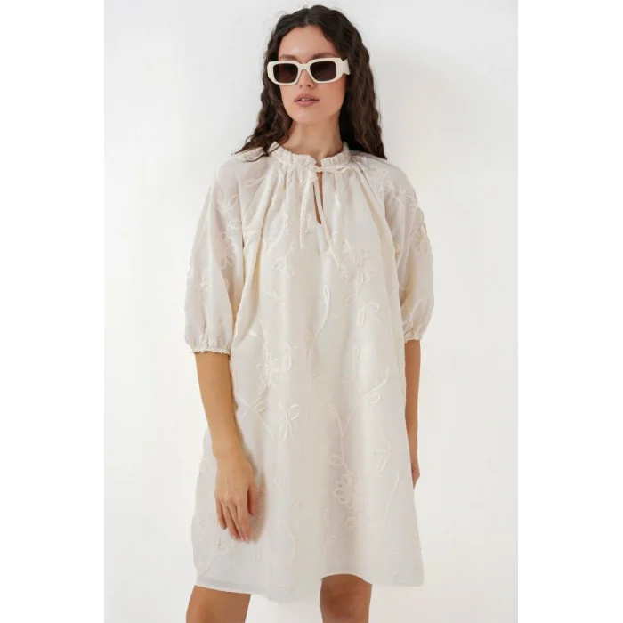 Desenli Kısa Elbise 2528 - Krem