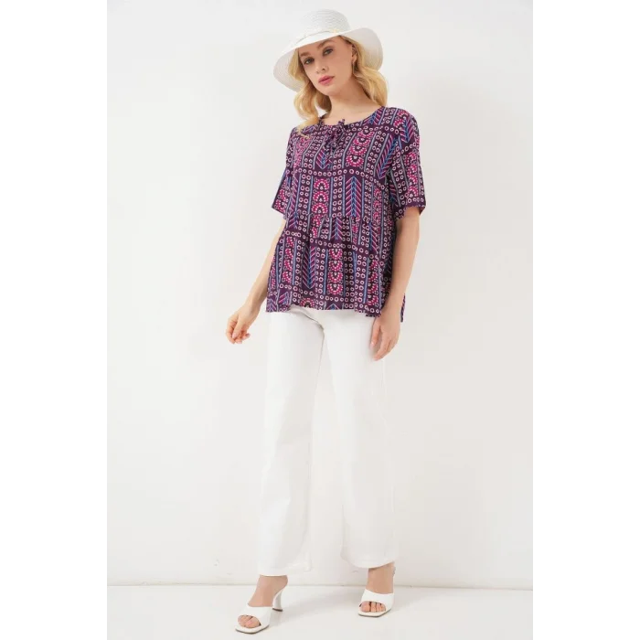 Desenli Kısa Kol Bluz 969 - Bordo