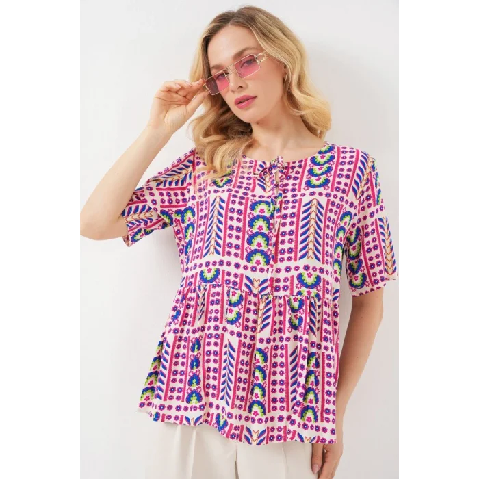 Desenli Kısa Kol Bluz 969 - Fuşya