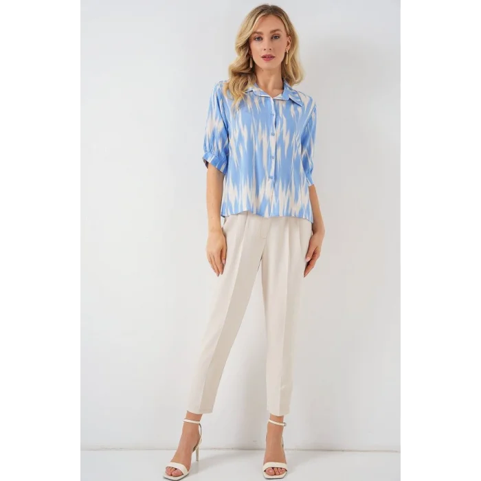 Desenli Kısa Kol Crop Gömlek 20337 - Mavi